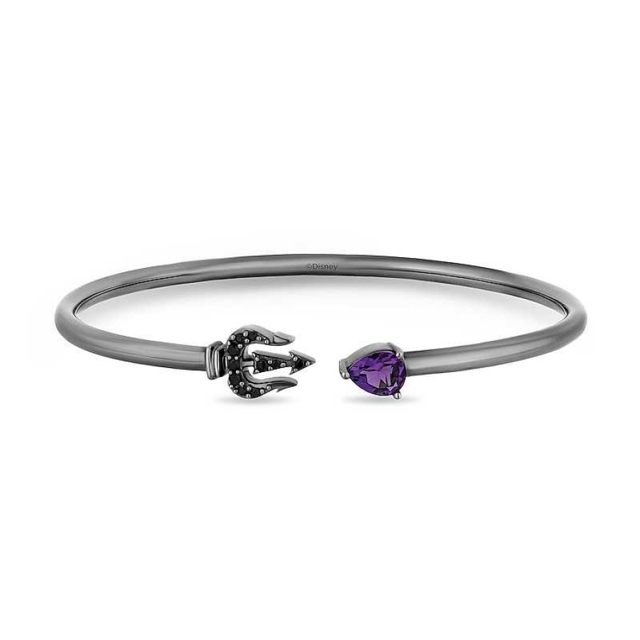 Bracelets Zales | Enchanted Disney Villains Ursula Pear-Shaped Amethyst And 1/8 Ct. T.W. Black Diamond Open Bangle In Sterling Silver