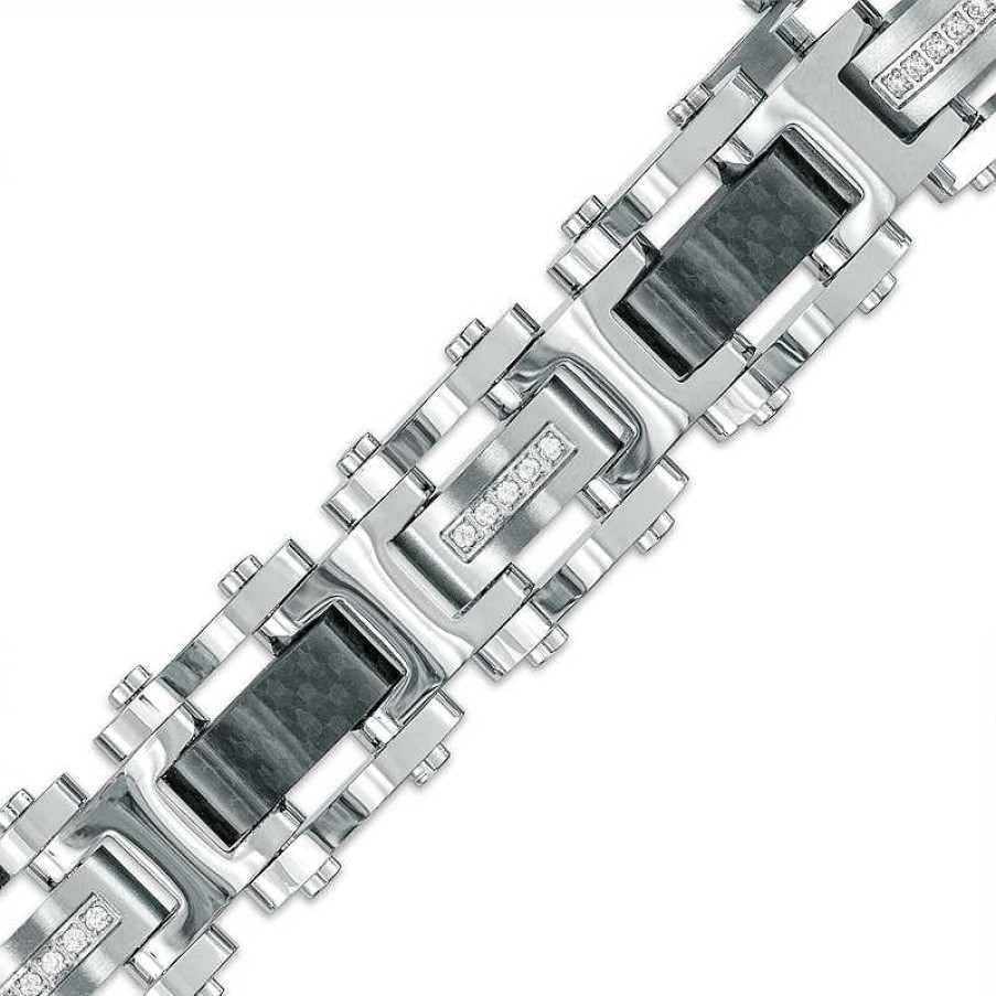 Bracelets Zales | Men'S 1/5 Ct. T.W. Diamond Link Bracelet In Stainless Steel With Black Carbon Fiber – 8.62"