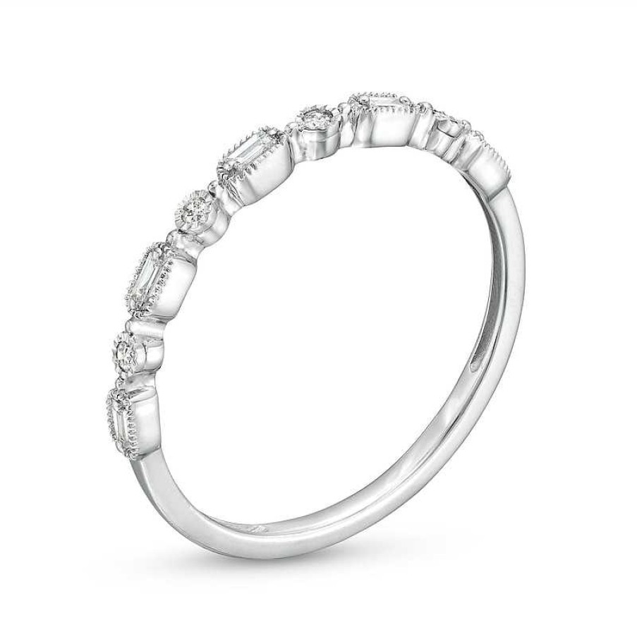 Rings Zales | 1/15 Ct. T.W. Baguette And Round Diamond Vintage-Style Stackable Band In 10K White Gold