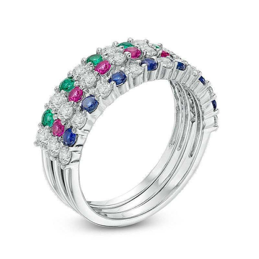 Rings Zales | Lab-Created Emerald, Ruby, Blue And White Sapphire Three Piece Stackable Ring Set In Sterling Silver