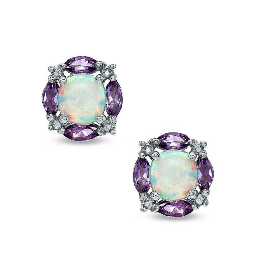 Earrings Zales | 5.0Mm Cushion-Cut Lab-Created Opal And Amethyst Earrings In Sterling Silver