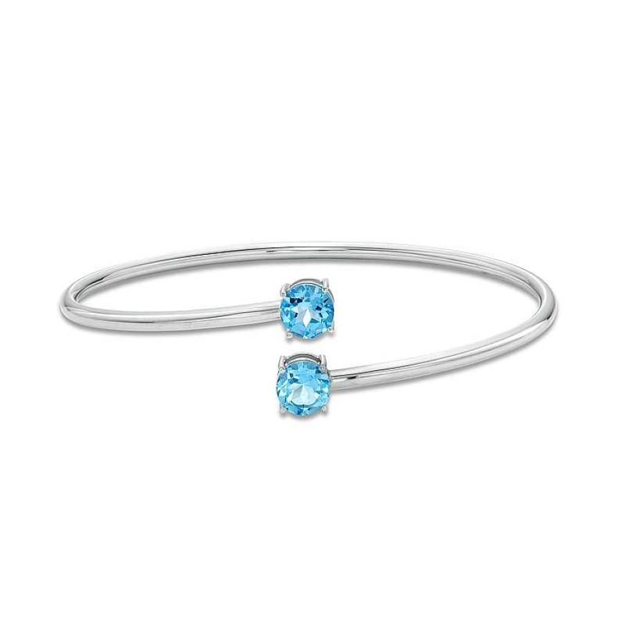 Bracelets Zales | 7.0Mm Swiss Blue Topaz Solitaire Bypass Bangle In Sterling Silver - 7.25"