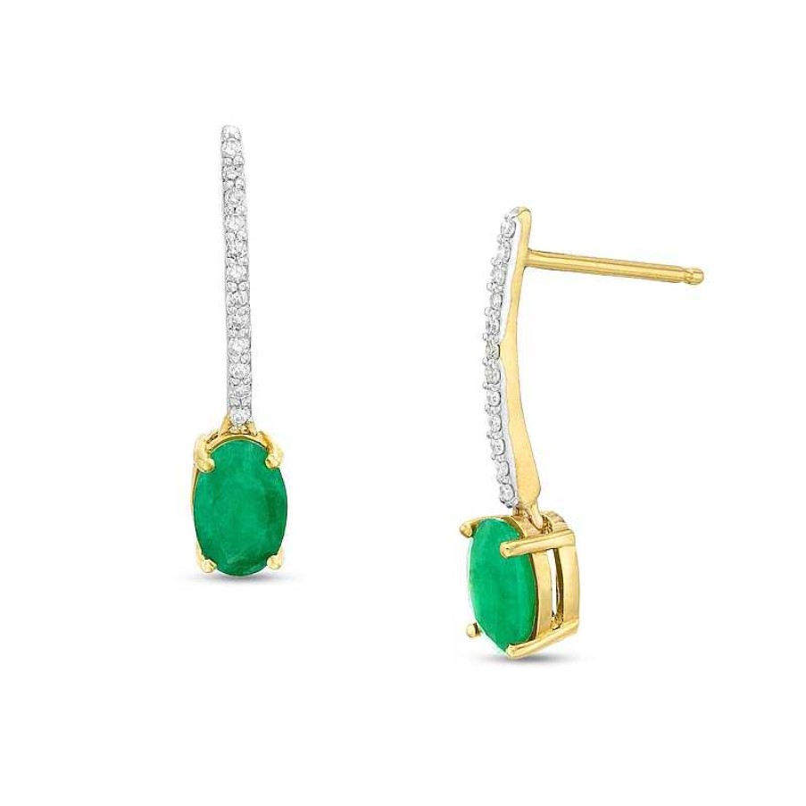 Earrings Zales | Oval Emerald And 1/15 Ct. T.W. Diamond Drop Earrings In 10K Gold