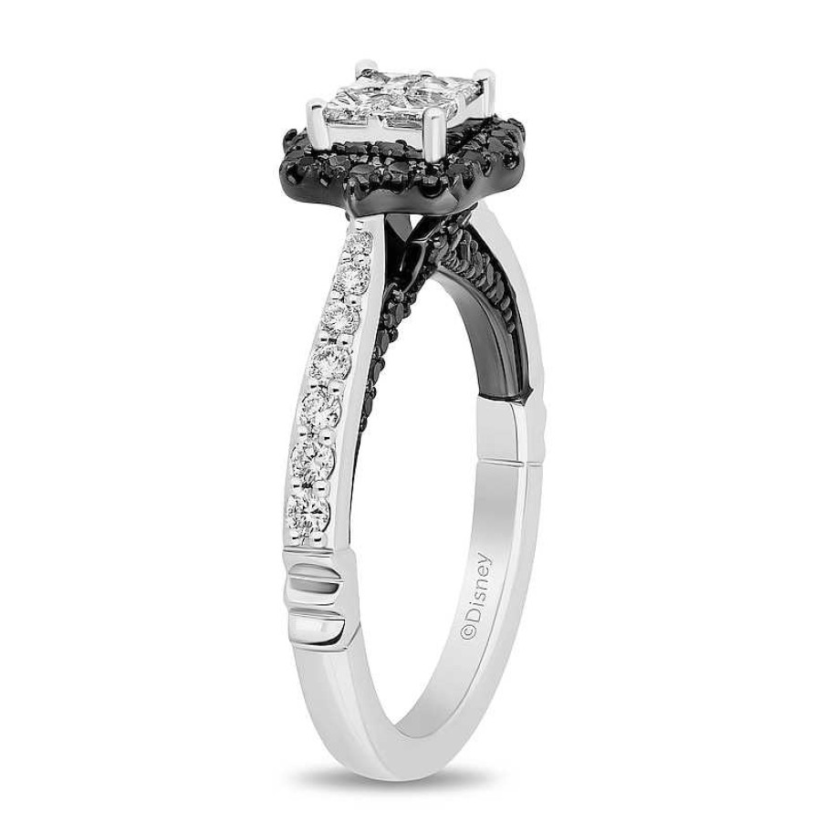 Rings Zales | Enchanted Disney Villains Maleficent Black And White Quad Princess-Cut Diamond Frame Engagement Ring In 14K White Gold