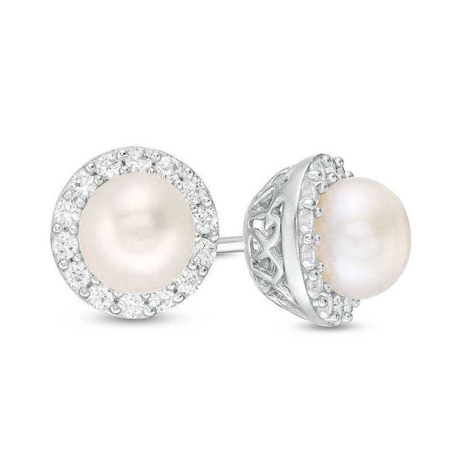 Earrings Zales | 6.0Mm Cultured Freshwater Pearl And Lab-Created White Sapphire Framed Stud Earrings In Sterling Silver