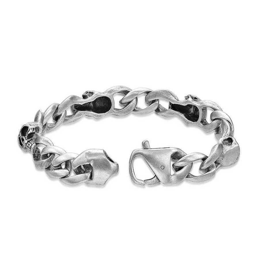 Bracelets Zales | Men'S 12.0Mm Grey Skull Antique-Finish Link Bracelet In Stainless Steel - 8.5"