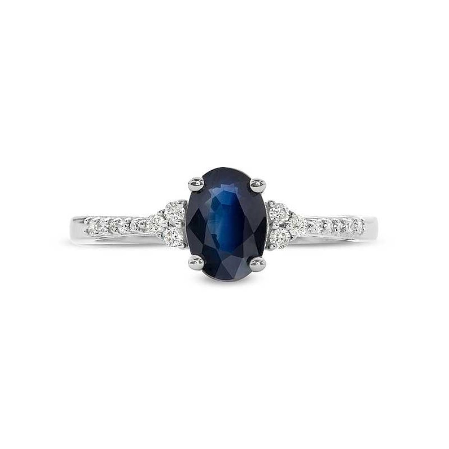 Rings Zales | Oval Blue Sapphire And 1/10 Ct. T.W. Diamond Ring In 10K White Gold