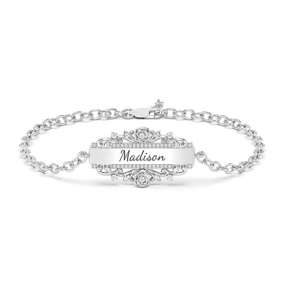 Bracelets Zales | Enchanted Disney Belle 1/5 Ct. T.W. Diamond Engravable Bar Bracelet In 10K White, Yellow, Or Rose Gold (1 Line) - 7.75"