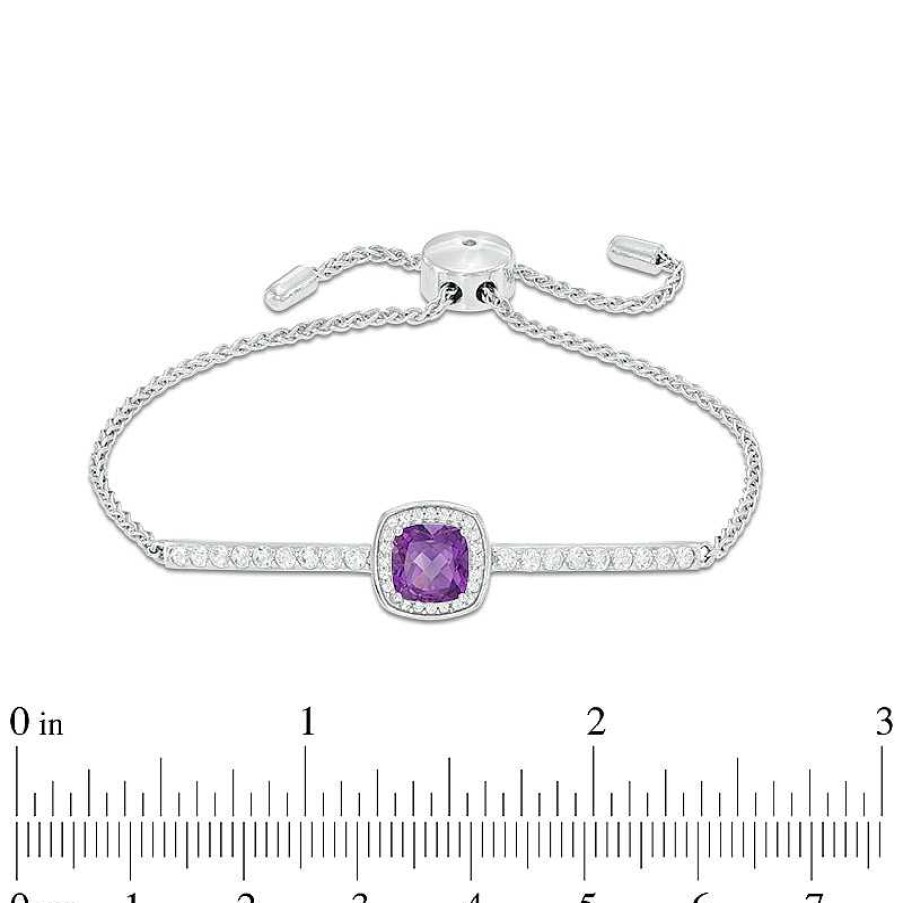 Bracelets Zales | 7.0Mm Cushion-Cut Amethyst And Lab-Created White Sapphire Frame Bolo Bracelet In Sterling Silver - 9.0"