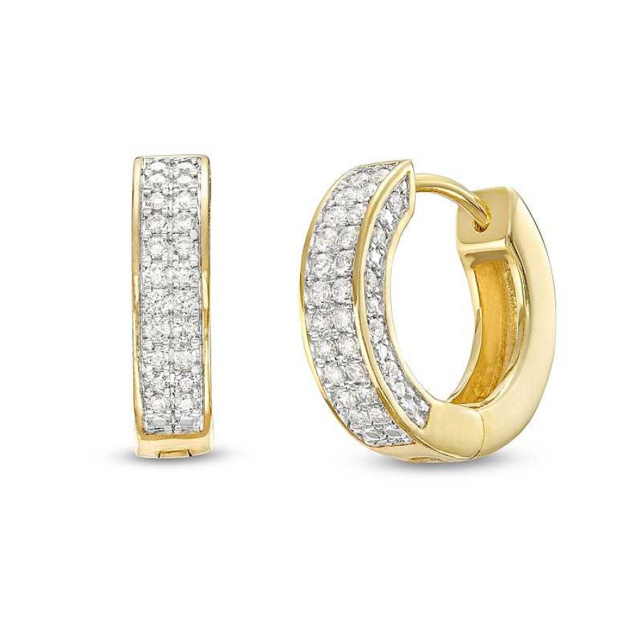 Earrings Zales | Men'S 3/8 Ct. T.W. Diamond Double Row Profile Huggie Hoop Earrings In 10K Gold