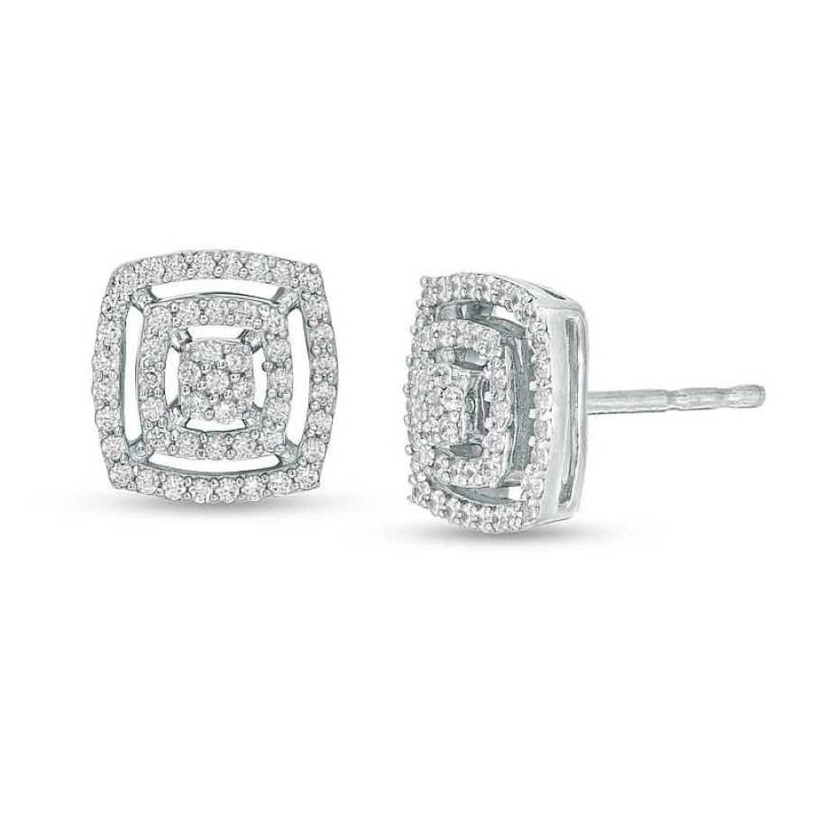 Earrings Zales | 1/3 Ct. T.W. Cushion Multi-Diamond Double Frame Stud Earrings In 10K White Gold