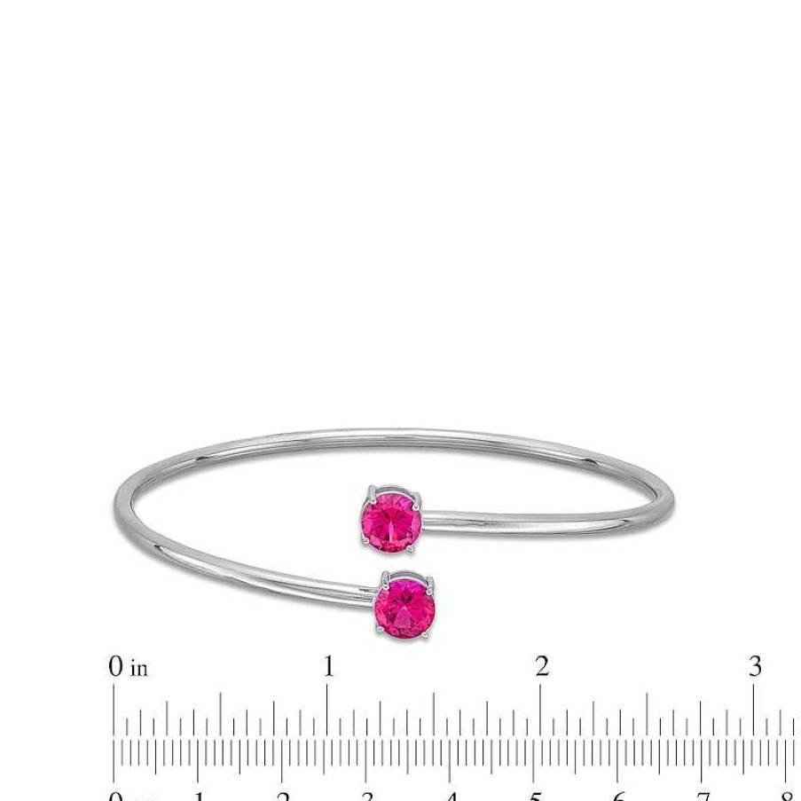 Bracelets Zales | 7.0Mm Lab-Created Ruby Solitaire Bypass Bangle In Sterling Silver - 7.25"