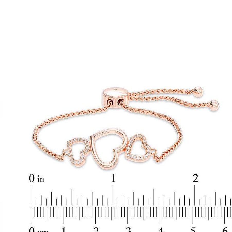 Bracelets Zales | Lab-Created White Sapphire Triple Heart Bolo Bracelet In Sterling Silver With 18K Rose Gold Plate - 9.0"