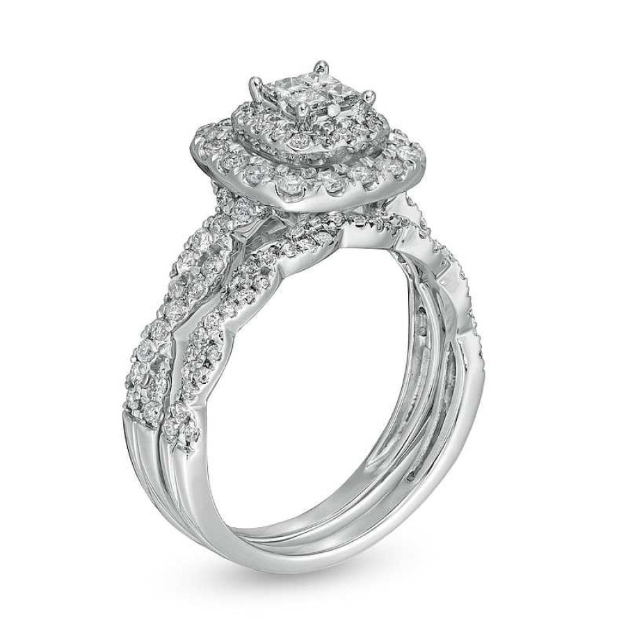 Rings Zales | 1 Ct. T.W. Quad Princess-Cut Diamond Double Cushion-Shaped Frame Twist Shank Bridal Set In 14K White Gold