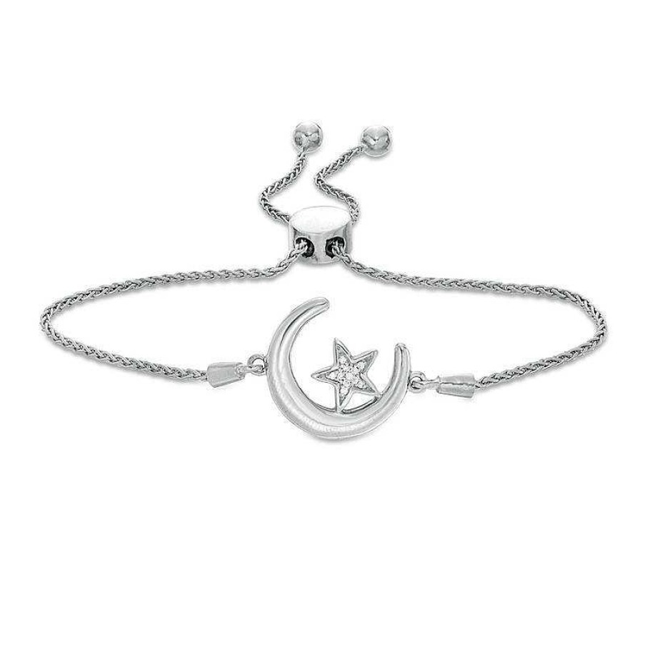 Bracelets Zales | Diamond Accent Crescent Moon And Star Bolo Bracelet In Sterling Silver (1 Line) - 9.5"