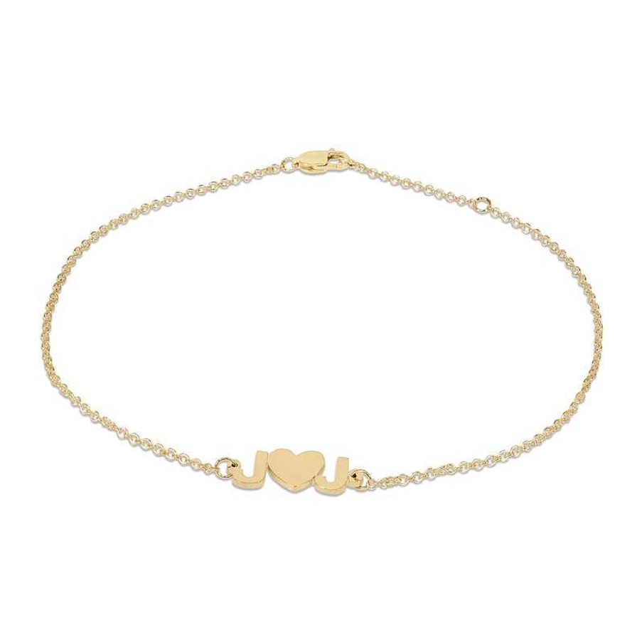 Bracelets Zales | Couple'S Mini Block Initial And Heart Anklet In Sterling Silver With 14K Gold Plate (2 Initials)