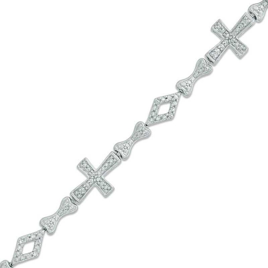 Bracelets Zales | Diamond Accent Cross Bracelet With Vertical "Mom" Charm In Sterling Silver - 7.25"