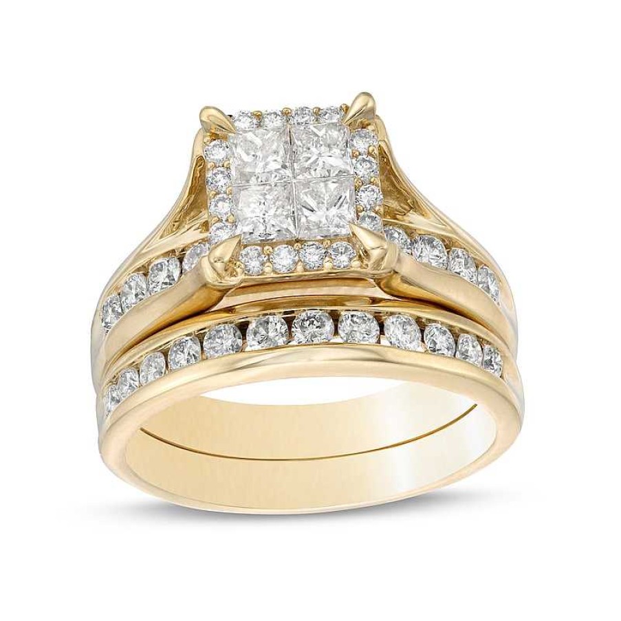 Rings Zales | 1-1/2 Ct. T.W. Princess-Cut Quad Diamond Frame Bridal Set In 14K Gold