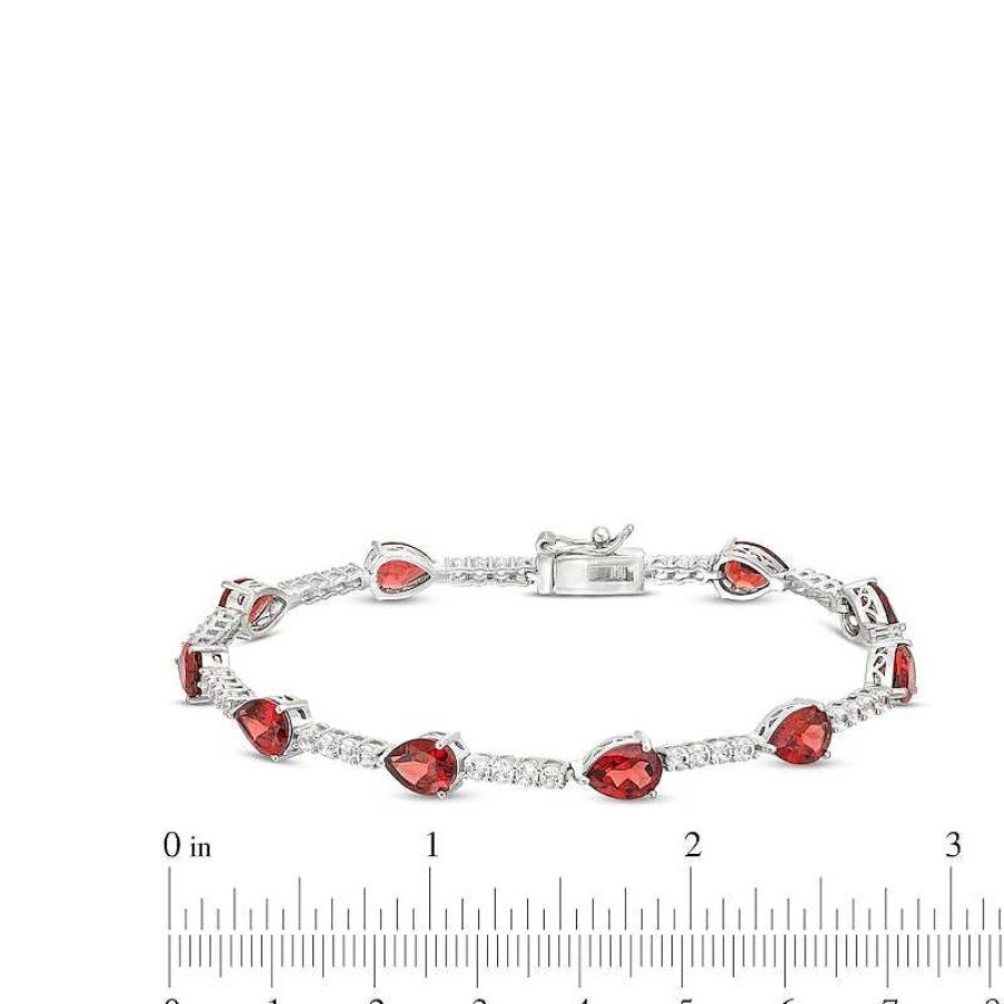 Bracelets Zales | Pear-Shaped Garnet And White Lab-Created Sapphire Station Line Bracelet In Sterling Silver - 7.25"