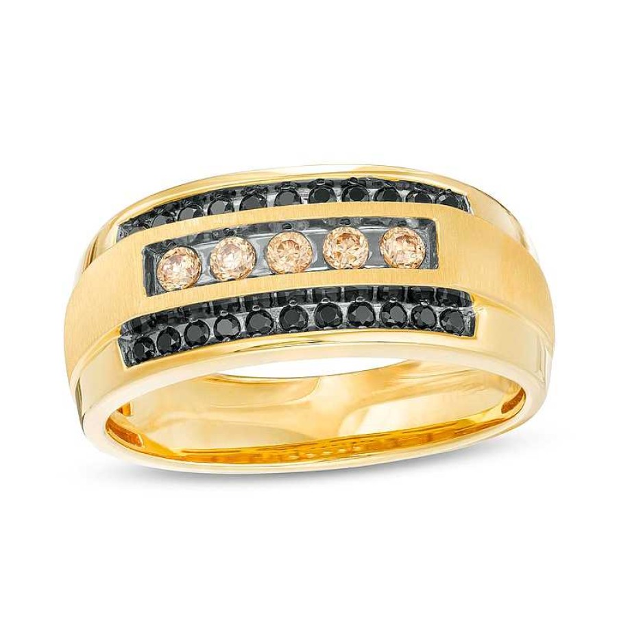 Rings Zales | Men'S 1/2 Ct. T.W. Black And Champagne Diamond Triple Row Ring In 10K Gold