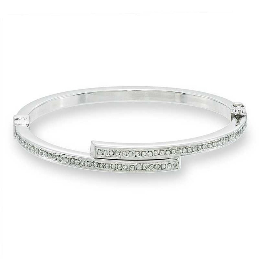 Bracelets Zales | Diamond Fascination™ Bypass Slip-On Bangle In Sterling Silver With Platinum Plate