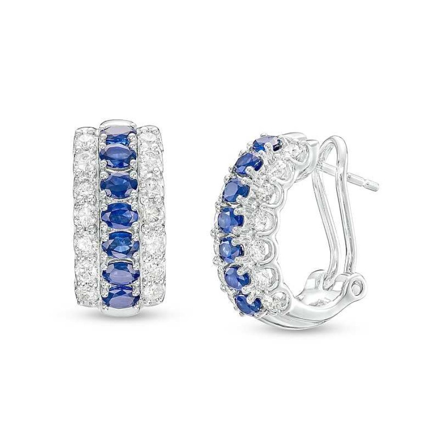 Earrings Zales | Oval Blue Sapphire And 3/4 Ct. T.W. Diamond Triple Row Hoop Earrings In 10K White Gold