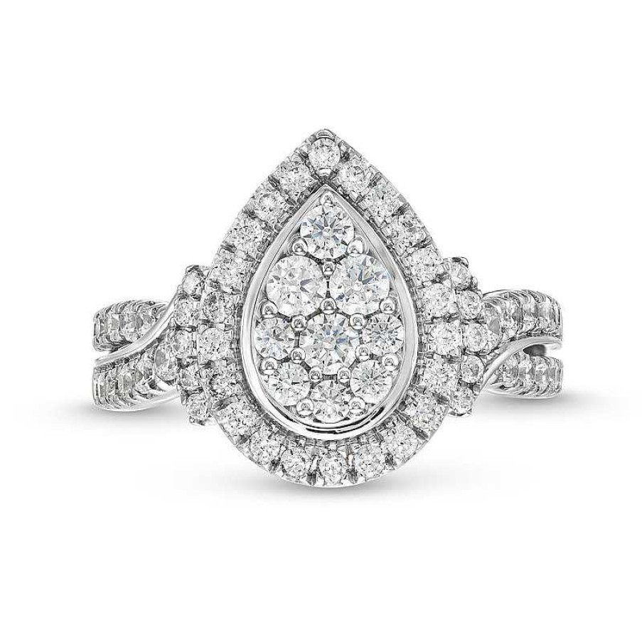 Rings Zales | 1 Ct. T.W. Pear Multi-Diamond Teardrop Frame Double Row Engagement Ring In 14K White Gold