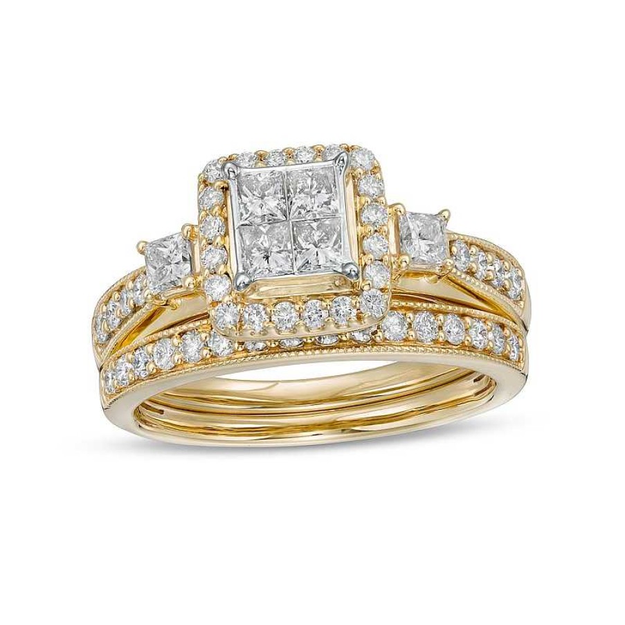 Rings Zales | 1 Ct. T.W. Princess-Cut Quad Diamond Cushion-Shaped Frame Vintage-Style Bridal Set In 10K Gold