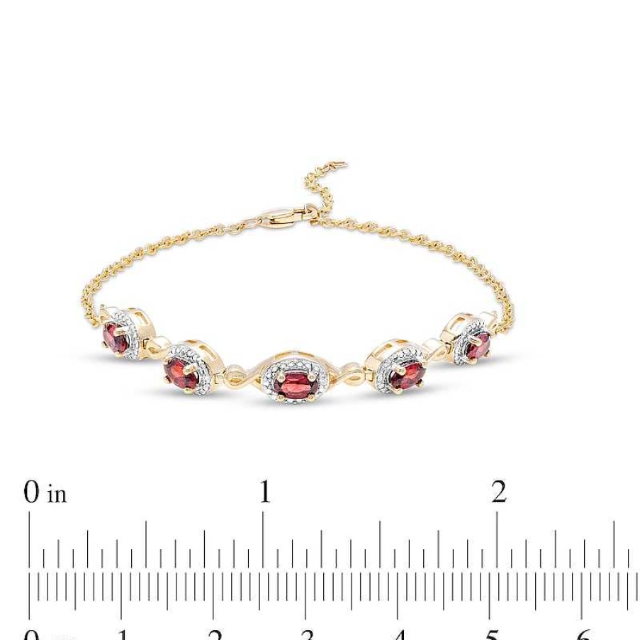 Bracelets Zales | Oval Garnet And Diamond Accent Twist Five Stone Bracelet In 10K Gold – 8.0"