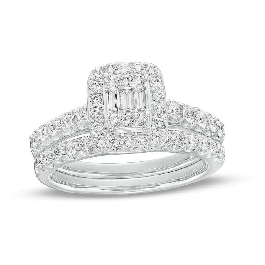 Rings Zales | 1 Ct. T.W. Emerald-Shaped Multi-Diamond Frame Bridal Set In 14K White Gold