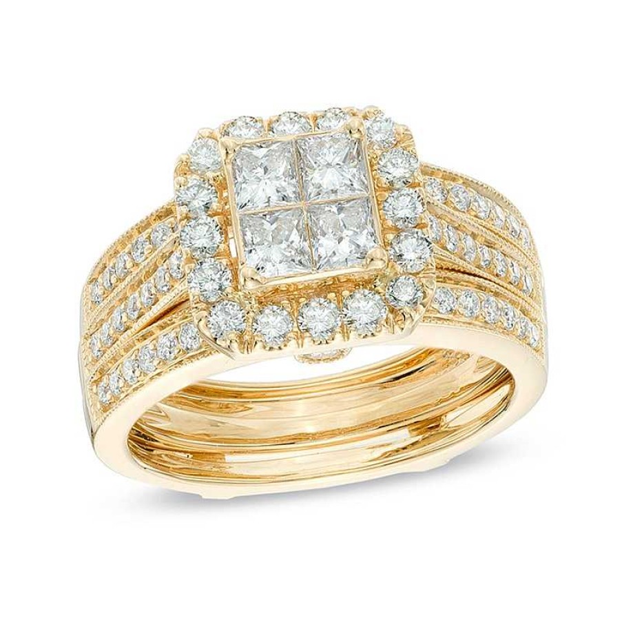 Rings Zales | 1-1/2 Ct. T.W. Quad Princess-Cut Diamond Frame Bridal Set In 14K Gold