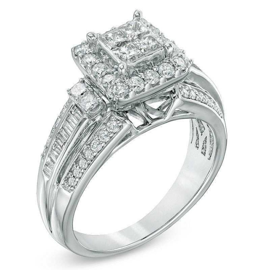 Rings Zales | 1 Ct. T.W. Quad Princess-Cut Diamond Frame Engagement Ring In 10K White Gold