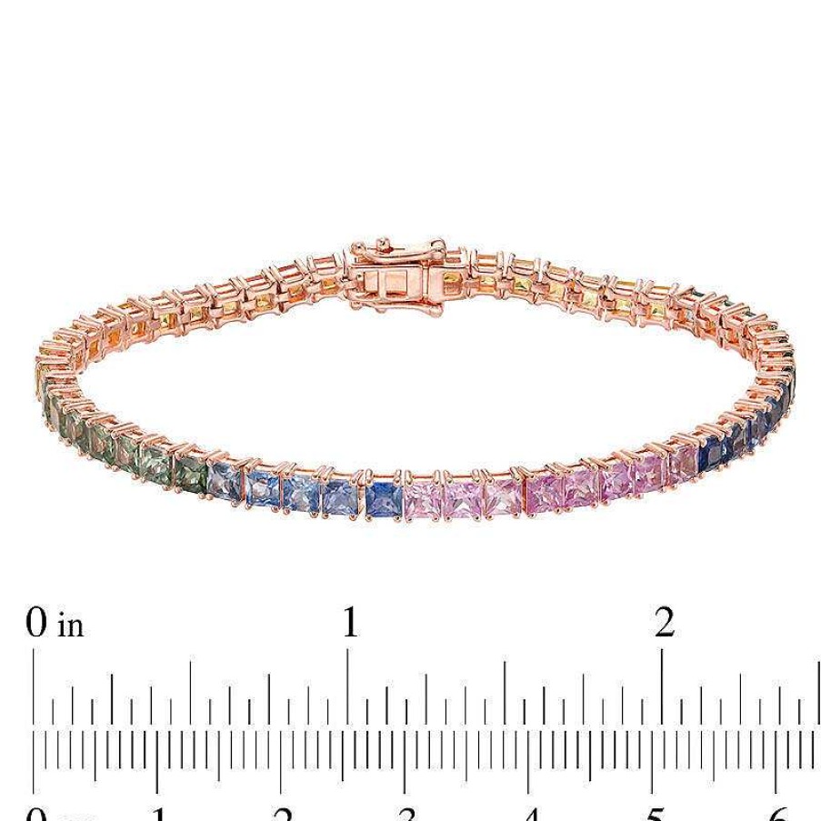 Bracelets Zales | Princess-Cut Lab-Created Multi-Color Sapphire Tennis Bracelet In Sterling Silver With 14K Rose Gold Plate