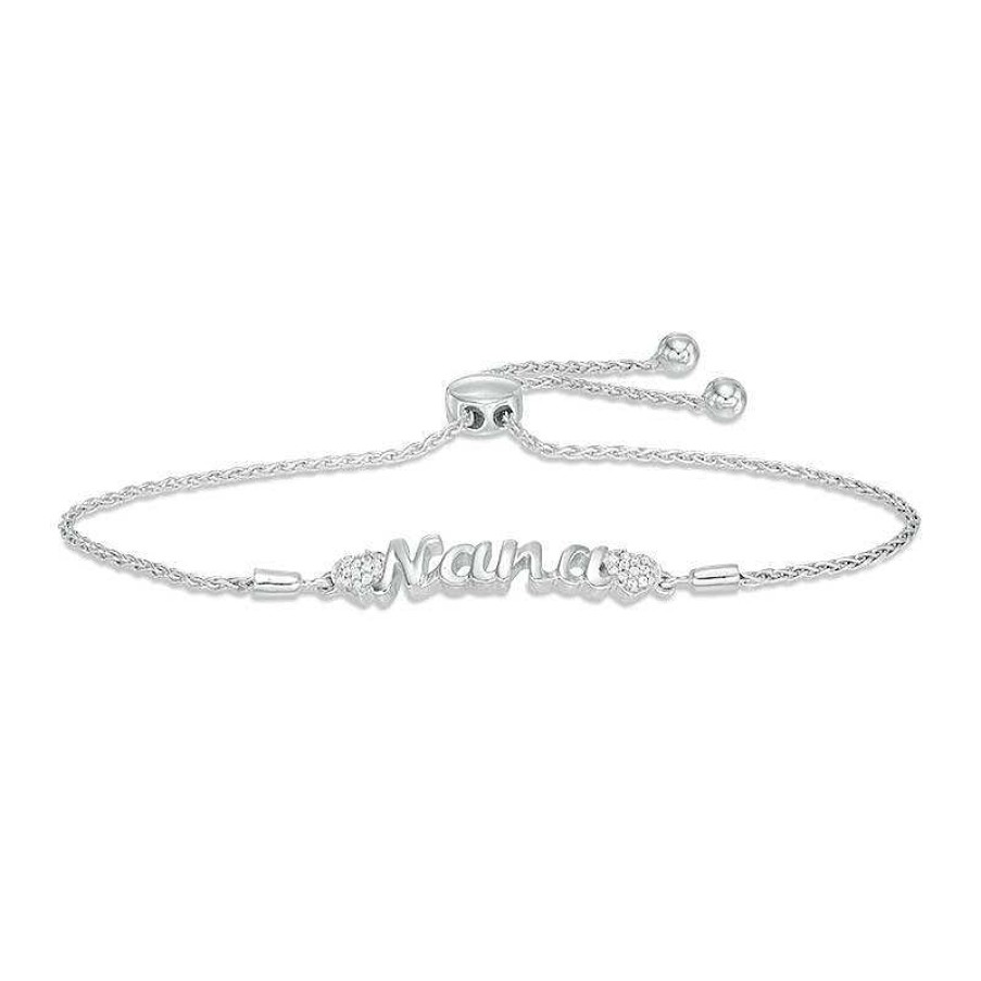 Bracelets Zales | Diamond Accent "Nana" With Side Hearts Bolo Bracelet In Sterling Silver - 9.5"