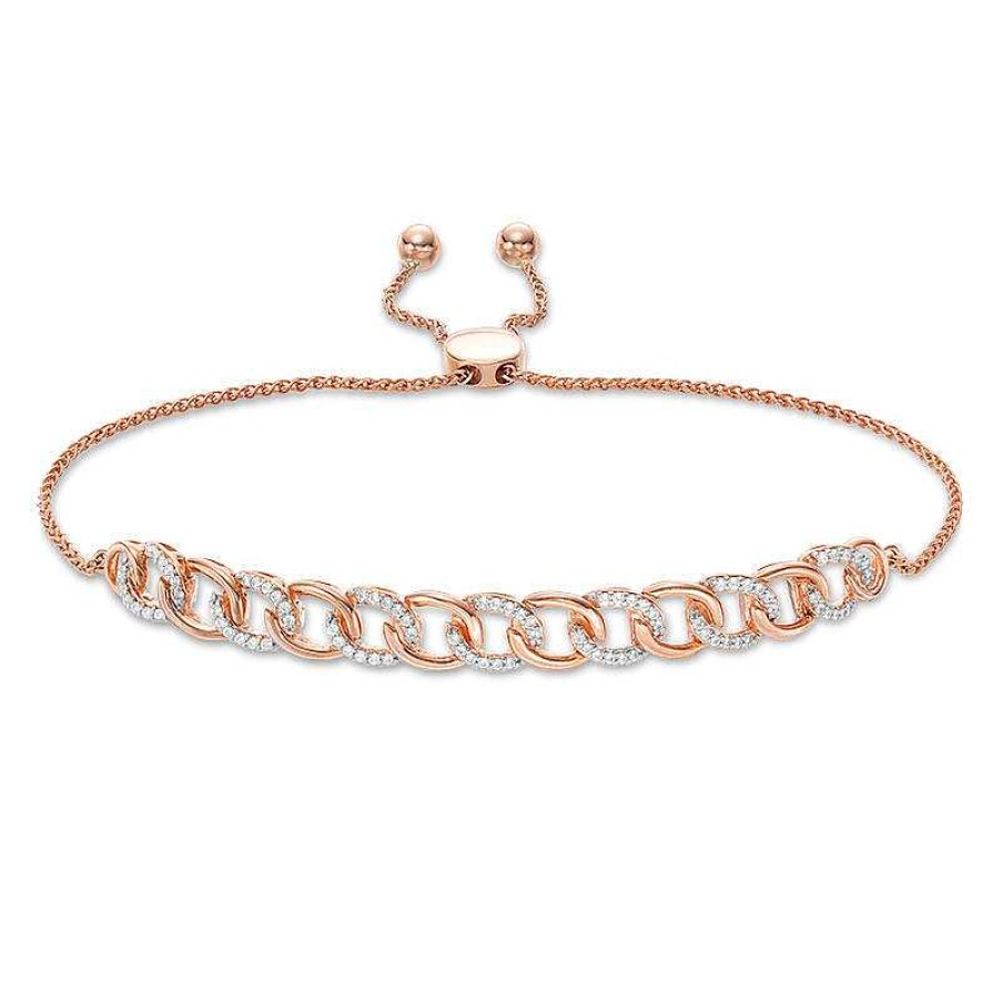 Bracelets Zales | 1/4 Ct. T.W. Diamond Interlocking Curb Link Bolo Bracelet In 10K Rose Gold - 9.5"