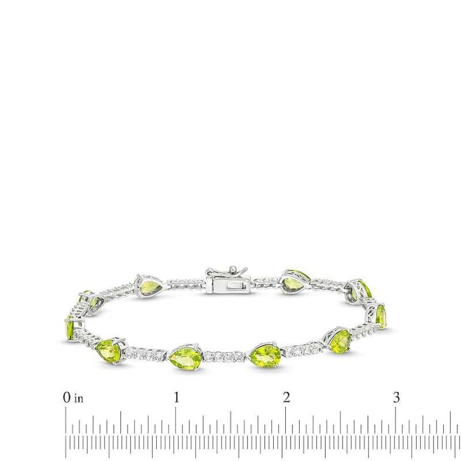 Bracelets Zales | Pear-Shaped Peridot And White Lab-Created Sapphire Station Line Bracelet In Sterling Silver - 7.25"