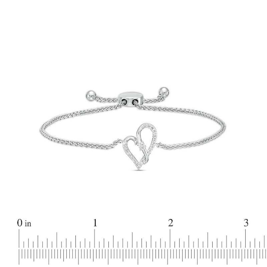 Bracelets Zales | Two In Love 1/6 Ct. T.W. Diamond Crossover Ribbon Loop Heart Bolo Bracelet In 10K White Gold – 9.5"