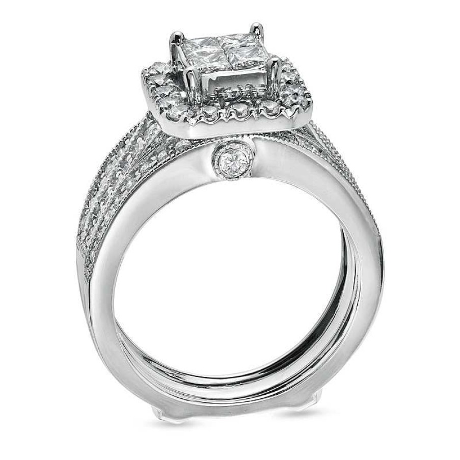 Rings Zales | 1-1/2 Ct. T.W. Quad Princess-Cut Diamond Vintage-Style Bridal Set In 14K White Gold