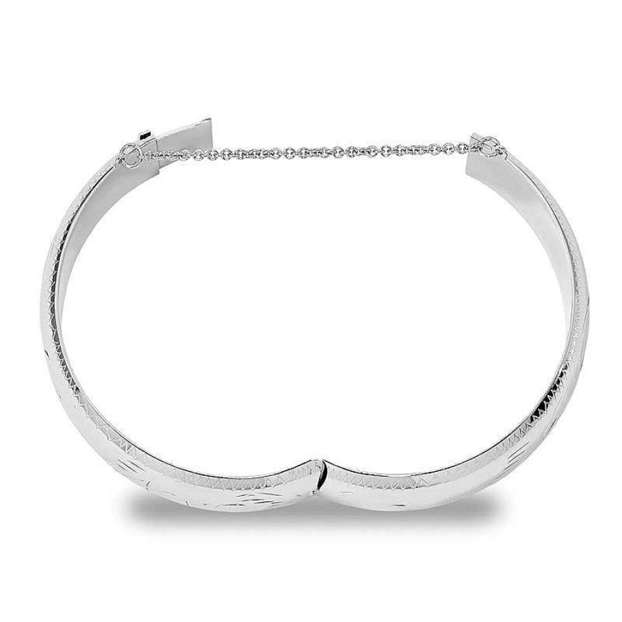 Bracelets Zales | 15.0Mm Diamond-Cut Pattern Bangle In Sterling Silver With Safety Chain