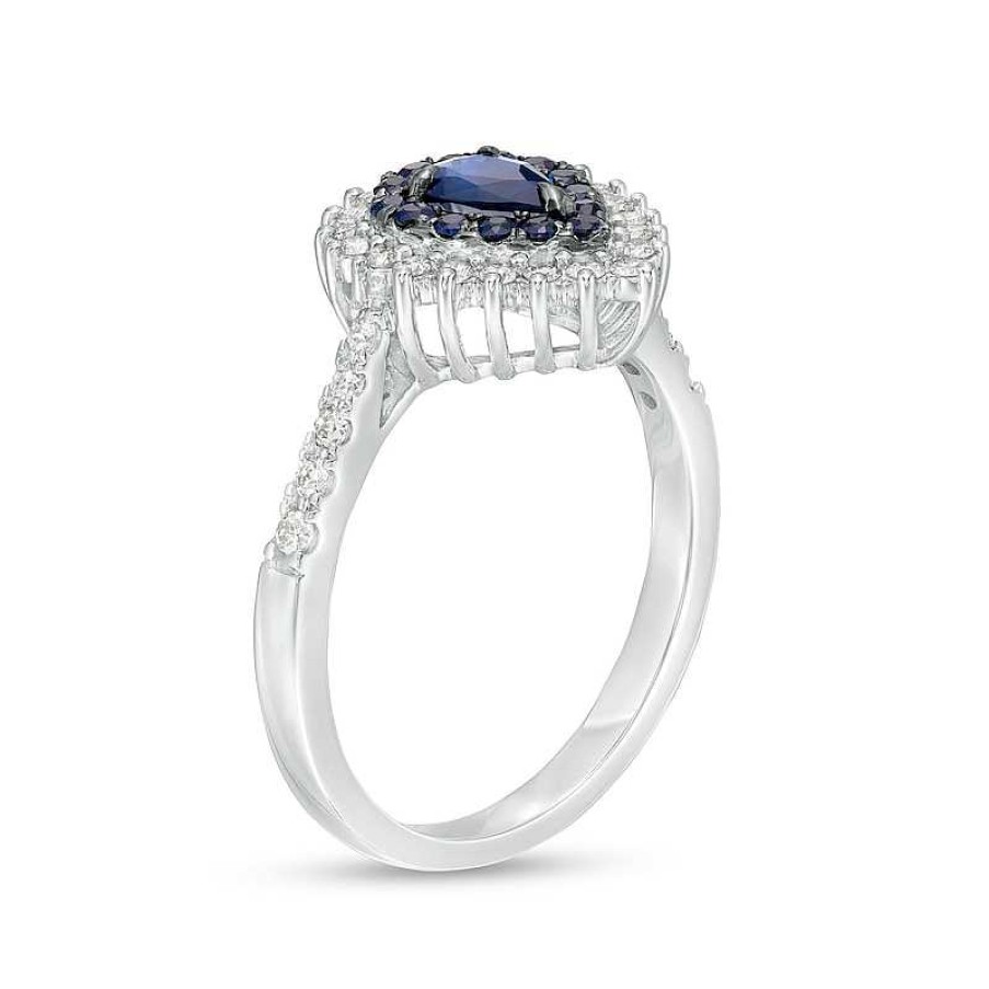 Rings Zales | Pear-Shaped Blue Sapphire And 1/3 Ct. T.W. Diamond Frame Ring In 10K White Gold