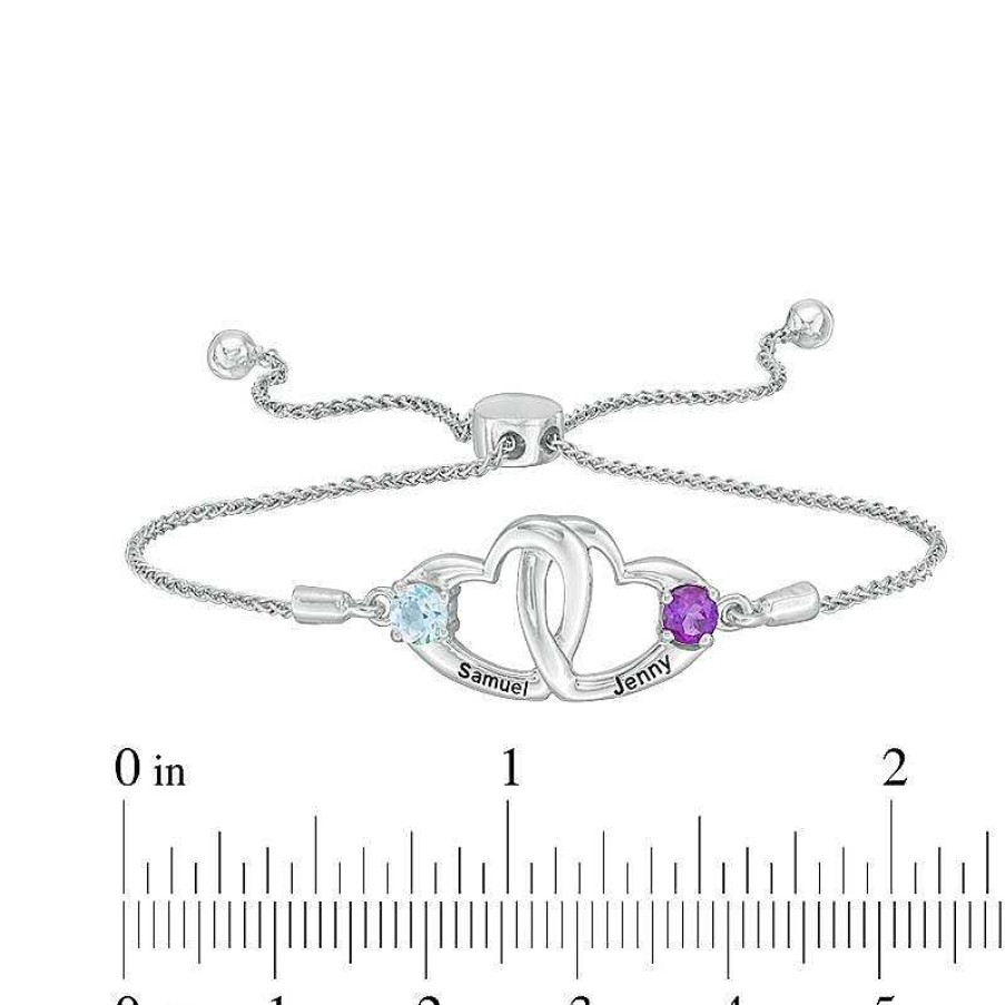 Bracelets Zales | Couple'S 4.0Mm Simulated Birthstone Interlocking Heart Bolo Bracelet In Sterling Silver (2 Stones And Names)