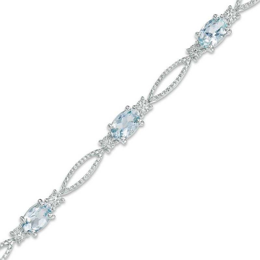 Bracelets Zales | Oval Aquamarine And Diamond Accent Bracelet In Sterling Silver - 7.25"