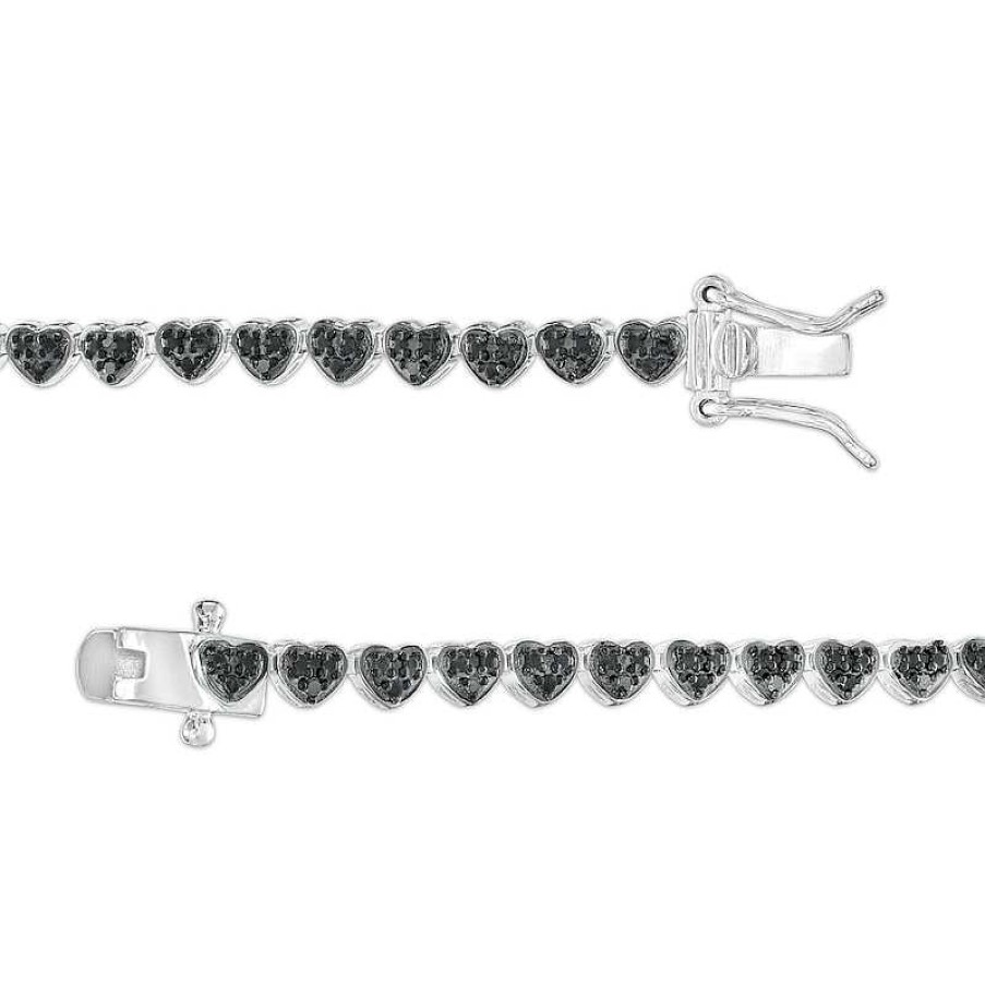 Bracelets Zales | 1/10 Ct. T.W. Black Diamond Beaded Hearts Link Line Bracelet In Sterling Silver And Black Resin - 7.25"