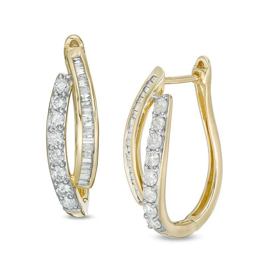 Earrings Zales | 1 Ct. T.W. Baguette And Round Diamond Double Row Bypass Hoop Earrings In 10K Gold