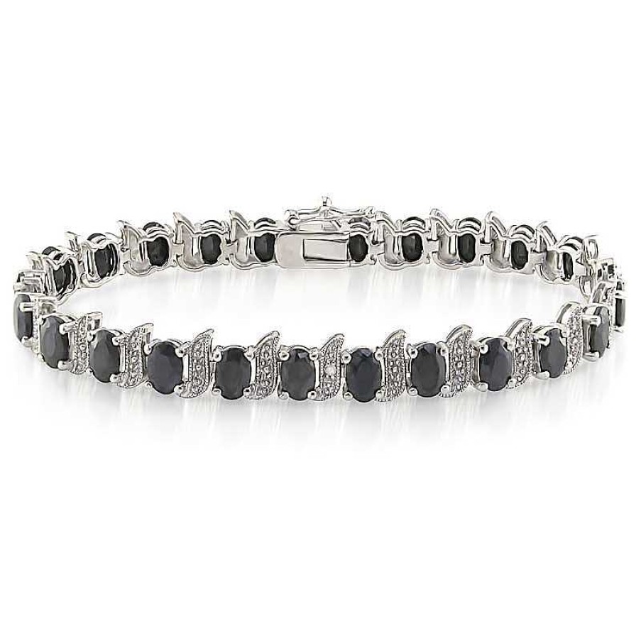 Bracelets Zales | Oval Black Sapphire And Diamond Accent Bracelet In Sterling Silver