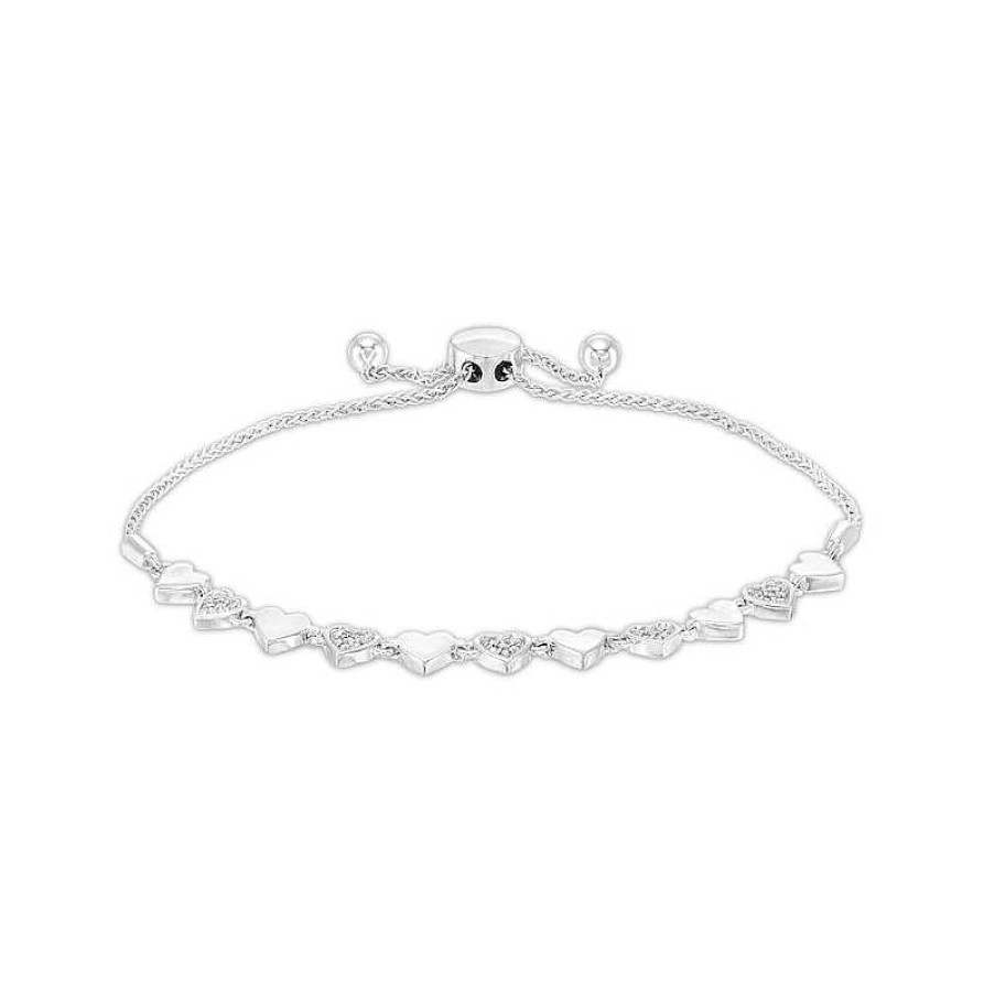 Bracelets Zales | 1/6 Ct. T.W. Diamond Alternating Heart Bolo Bracelet In Sterling Silver – 9.5"