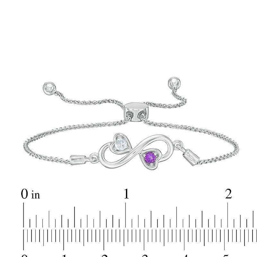 Bracelets Zales | Couple'S Simulated Birthstone Double Heart Infinity Bolo Bracelet In Sterling Silver (2 Stones) - 8.0"