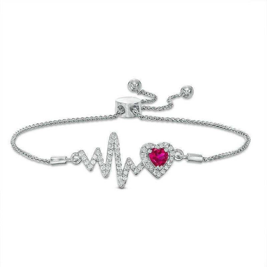 Bracelets Zales | 5.0Mm Heart-Shaped Lab-Created Ruby And White Sapphire Frame Heartbeat Bolo Bracelet In Sterling Silver - 9.5"