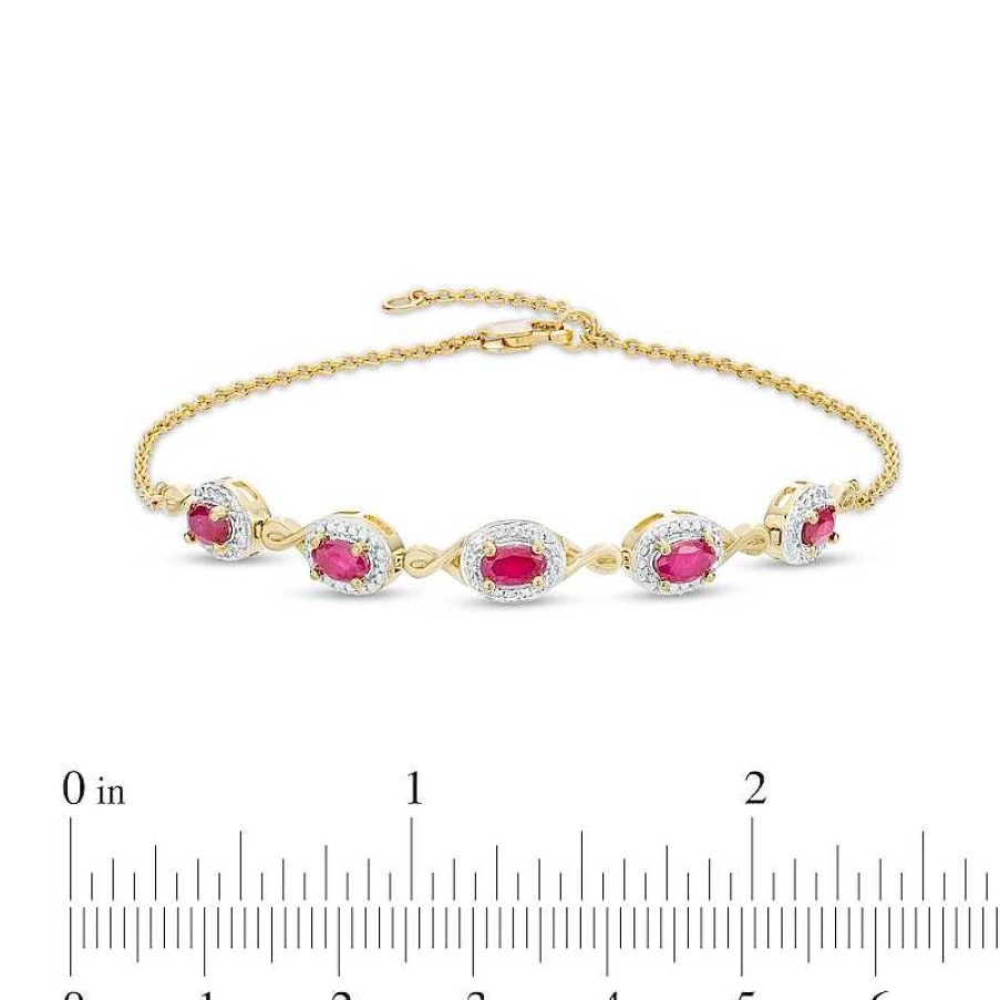 Bracelets Zales | Oval Ruby And Diamond Accent Twist Five Stone Bracelet In 10K Gold – 8.0"