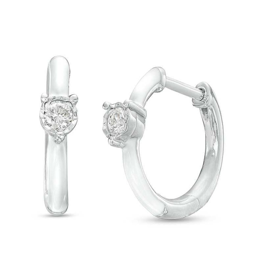 Earrings Zales | 1/10 Ct. T.W. Diamond Solitaire White Enamel Hoop Earrings In Sterling Silver